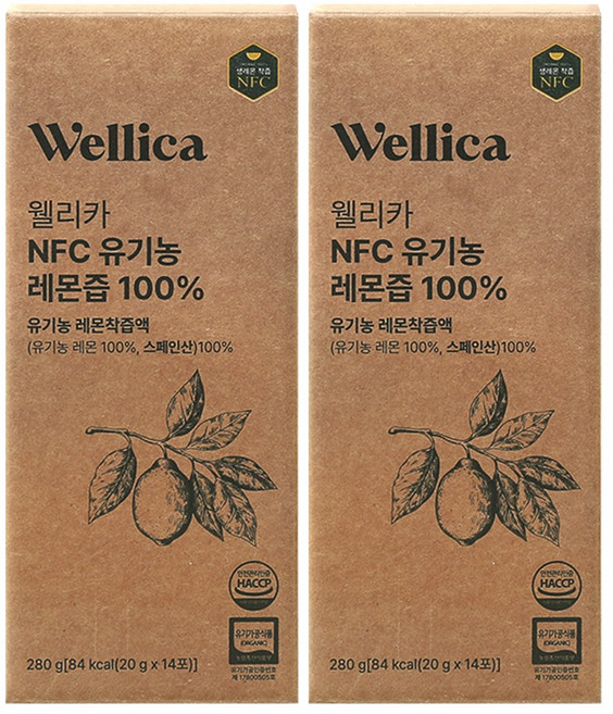 웰리카 레몬즙 레몬수 NFC 유기농 레몬즙100% 20g x 14포, 2개, 280g