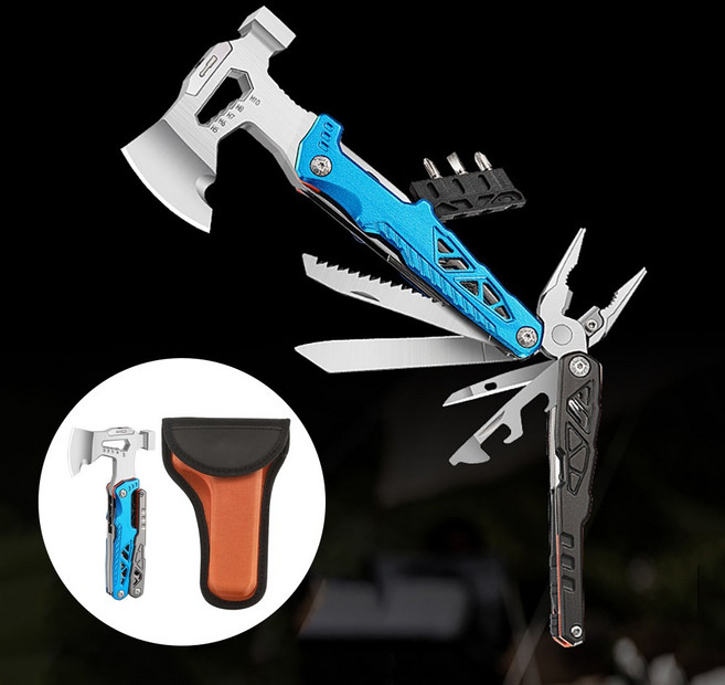 인무드 18in1 접이식 멀티툴 맥가이버 도끼 캠핑 야외 필수템 만능공구 다용도칼 멀티 플라이어, 1개, 실버블루