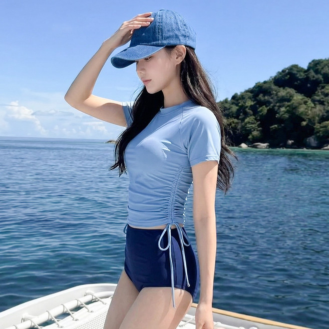 클레이스 반팔 셔링 스트랩 하이웨스트 체형커버 수영복, 블루