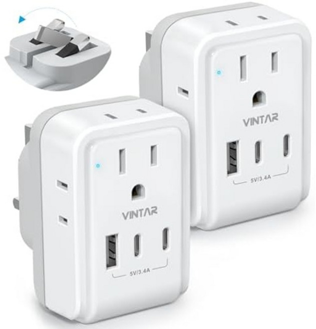 유럽 여행용 플러그 어댑터 2팩 4개의 AC 콘센트가 있는 VINTAR 접이식 국제 전력 3개의 USB 포트2개의 C 미국 대부분의 EU 이탈리아 스페인 프랑스 슬란드용 타입, Type G - UK
