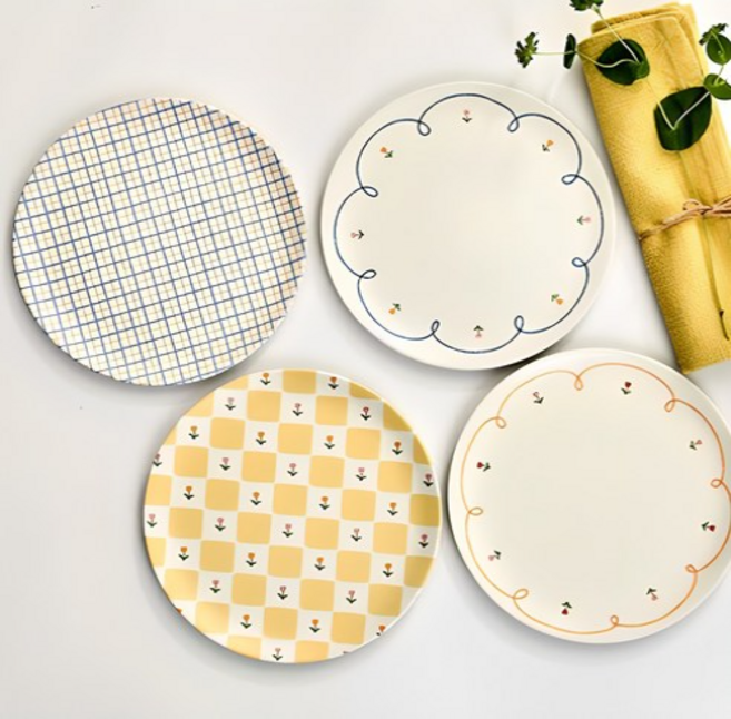 모던하우스 L 패턴 뱀부파이버 원형 접시 세트 봄 20 x 20 x 1.6 cm, 3세트, 접시4종, 혼합색상