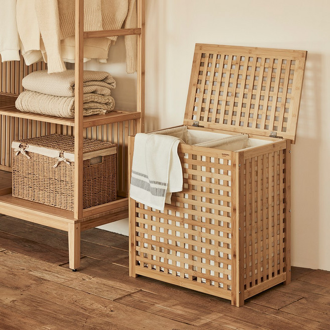 한샘 뱀부 런드리 햄퍼 2칸 빨래바구니, NATURAL