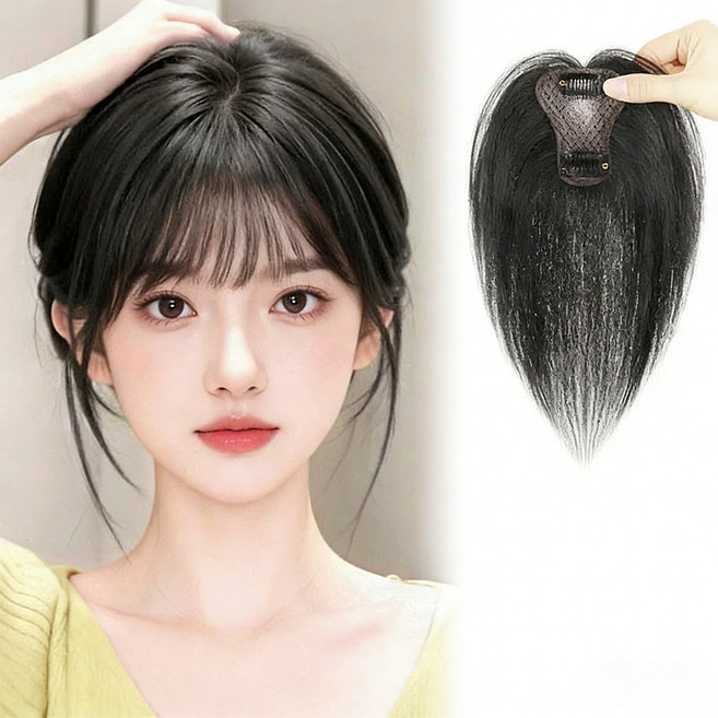 Leesheer 여자 자연스러운 부분가발 수제 인모100% 정수리가발, 1개, 프렌치 앞머리(내추럴)스몰 T타입