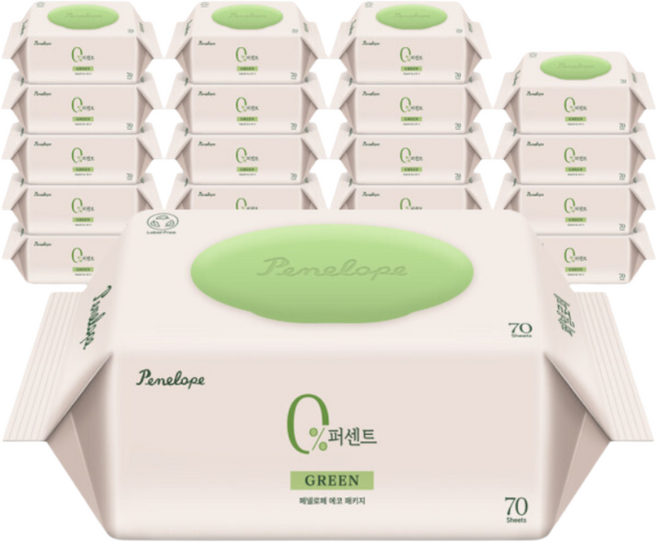 페넬로페 아기물티슈 0퍼센트 그린 70평량 캡형 10+10팩, 70g, 70개입, 20개