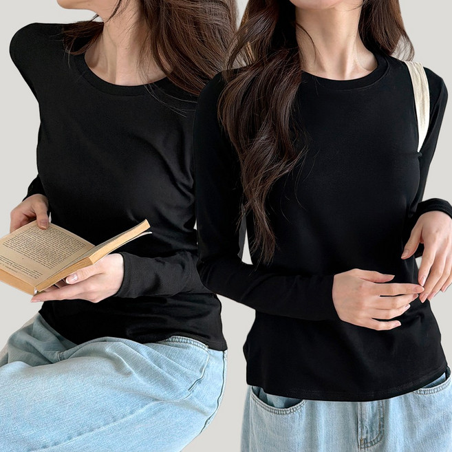 비오라 여성 기본 긴팔 모달 티셔츠 라운드티 2종세트
