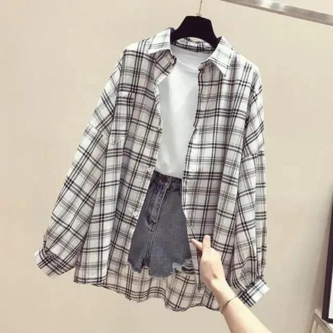 韓版寬鬆格子長袖襯衫 薄外套