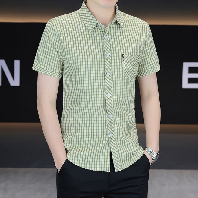 川月商行 韓版男士格子短袖襯衫春夏薄款潮流通勤男裝