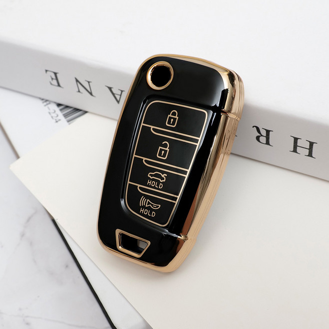 바이어블 현대 i30 ix35 i40 스타리아 호환 자동차 tpu 폴딩키 키케이스 키홀더 3버튼, 4버튼 블랙골드 TA61