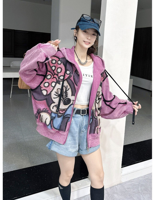 미키 미니마우스 오버핏 루즈핏 스팽글 여성용 집업 후드 재킷