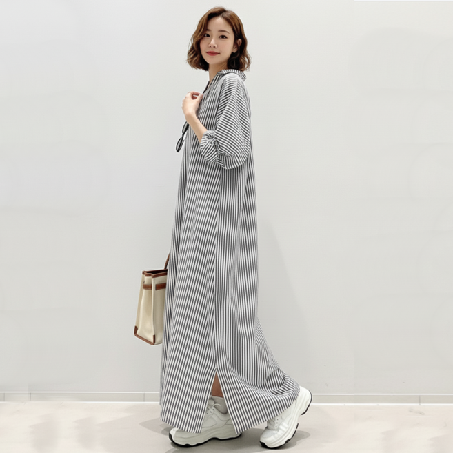 여성 빅사이즈 오버핏 긴팔 스트라이프 맥시 셔츠원피스 롱원피스