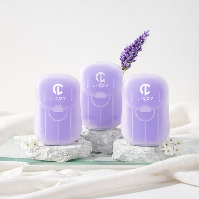 LICOV 휴대용 종이비누 일회용 여행용 캠핑용 손세정 핸드워시 (개당 50매), 3개, Lavender