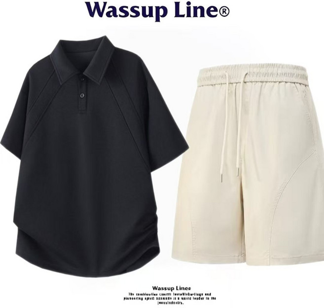 Wassup Line 男款夏季寬松翻領短袖衫與休閑短褲套裝, 1個, 黑色Polo衫+杏色短褲XL 推薦120-135斤