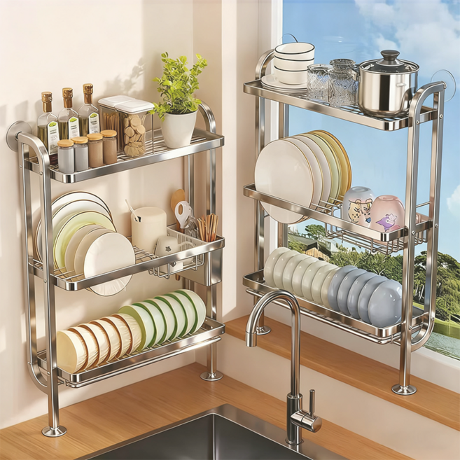 호밍사이 304 스테인리스 식기건조대 좁은 틈 설거지건조대 대용량 무타공 공간 절약, 1개, 은색, 3단