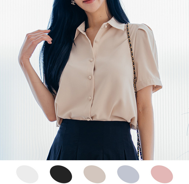[오버나인] 여성 어깨 반팔 셔츠 핀턱 퍼프 소매 블라우스