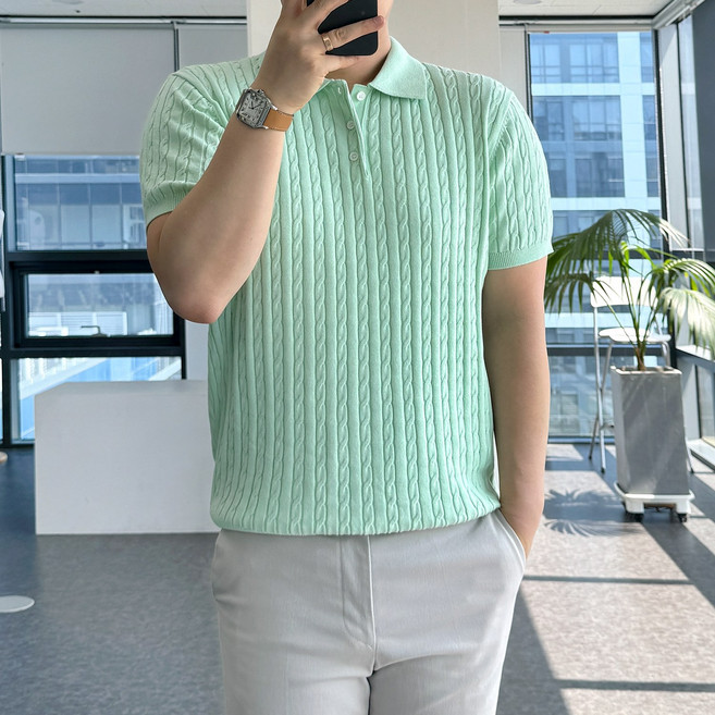 룩플레인 면 백프로 워셔블 케이블 여름 반팔 니트 카라 티셔츠 7color