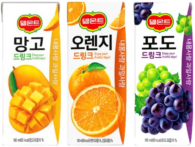 [안녕골목마켓] 델몬트 드링크 망고10+포도10+오렌지10, 190ml, 1세트