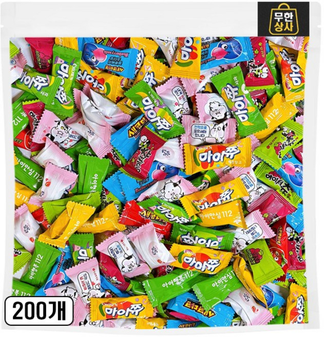 츄잉캔디 혼합 200입 세트(마이쮸 사과+마이쮸 애플망고+말랑카우 딸기+새콤달콤 딸기 블루베리+아이셔츄 포도 샤인머스캣), 200개, 4g