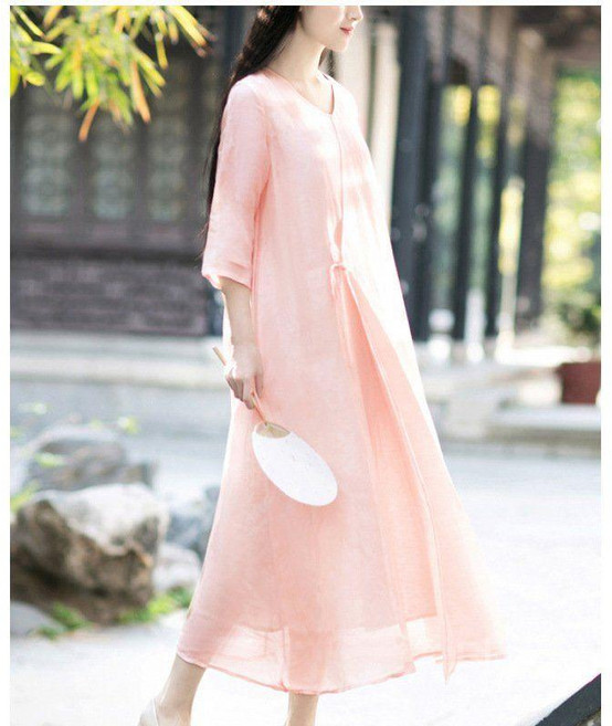 티류으스 여성 여름 린넨 철릭 원피스 화이트 브이넥 7부소매 롱기장 찰랑 데일리 마더스룩