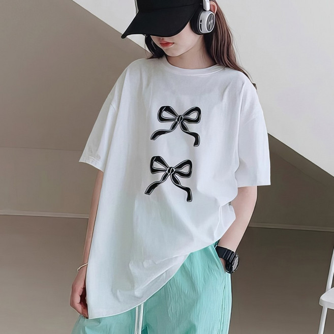 베비포 초중생 루즈핏 더블리본 프린팅 반팔티 RV7