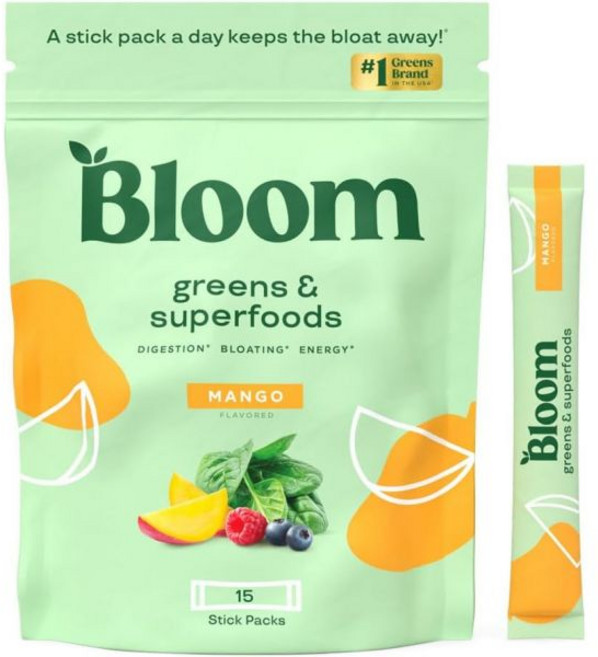 Bloom Nutrition 블룸 뉴트리션 슈퍼푸드 그린 파우더 소화 효소와 프로바이오틱스 프리바이오틱스 포함 장 건강 복부 팽만 완화 클로렐라 비트 뿌리 파우더가 함유된 주스, Mango_15 Servings (Pack of 1)