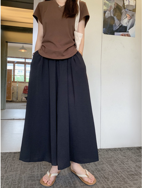 부엉구구 OW0069A 여성 여름 캐주얼 빅사이즈 허리밴딩 하이웨스트 와이드 팬츠 롱치마바지