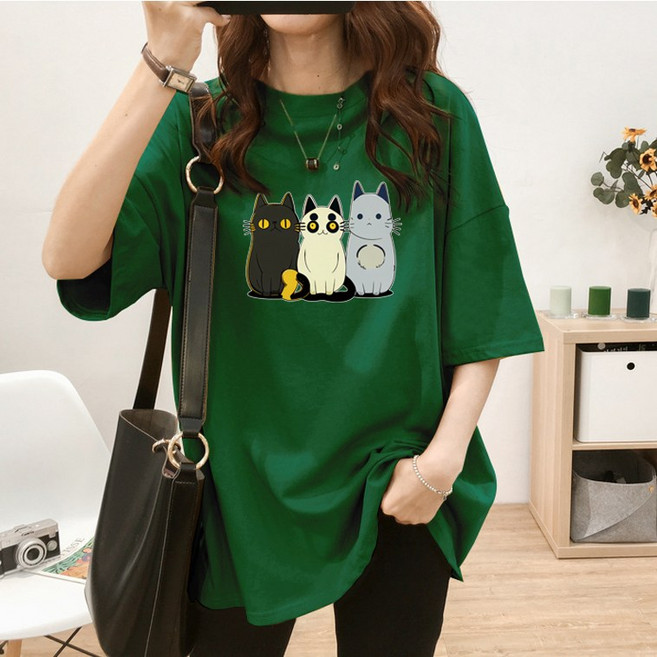 스타일아유 여성 여름용 오버핏 반팔 티셔츠 200g순면 원작 귀여운 고양이 프린트 빅사이즈 M~2XL 루즈핏 반팔티 롱티 자체제작[A3G3TS1725]