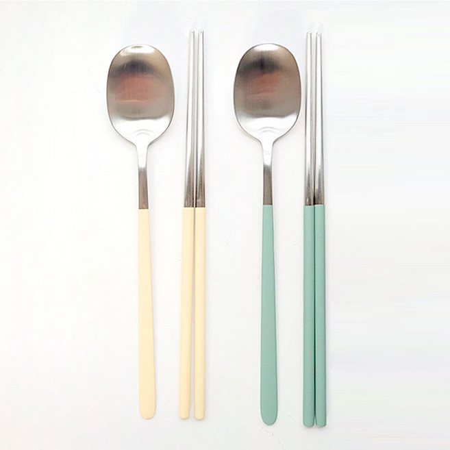 윌리브 304스텐 파스텔 수저세트, 옐로우 + 그린, 숟가락 + 젓가락, 2세트