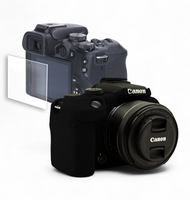캐논 EOS R10 카메라 하우징 범퍼 케이스 + 액정 방탄유리 필름, 블랙