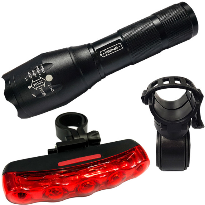 로버스트 L2-SN미들줌 AAA배터리겸용 자전거라이트 + 클립거치대 + 바후미등, 블랙, 1세트