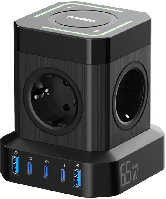 콜콜러브 GaN 65W PPS 5포트 3C2A 큐브 멀티탭 4구 USB C타입 초고속 충전 3680W 고용량 타워형 콘센트, 1개, 블랙, 2m