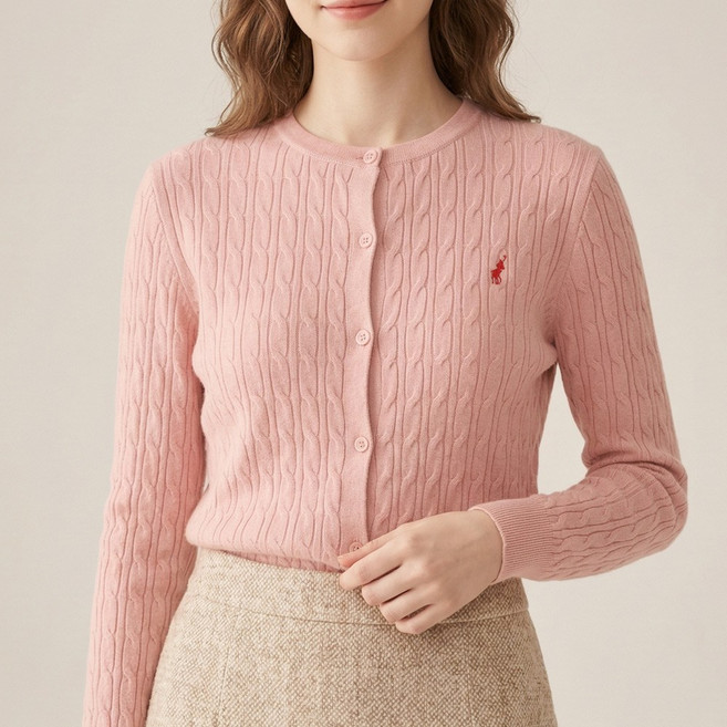 KPL 여성 꽈배기 로고 자수 크루넥 니트 가디건 KPL2105