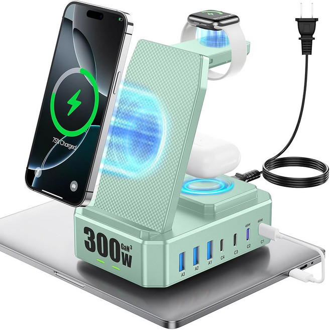 다중 장치용 300W 충전 스테이션 Apple iPhone 16용 Zutspzss 10 in 1 무선 충전기 MacBook용 GaN III USB C 65W PD 고속 스탠