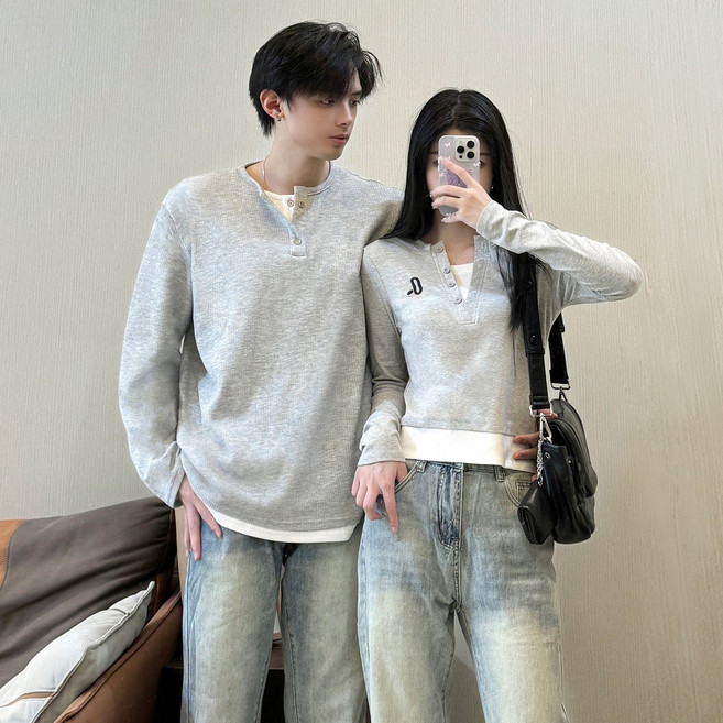 봄 가을 긴팔 커플티 빅사이즈 루즈핏 커플룩 긴팔 티셔츠 캐주얼 커플 맨투맨 세트 YJW