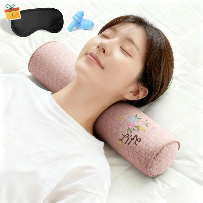 Norvee 인체공학 메밀 경추베개 3D 자수 디테일 높이조절 목지지 숙면 베개, 핑크, 1개
