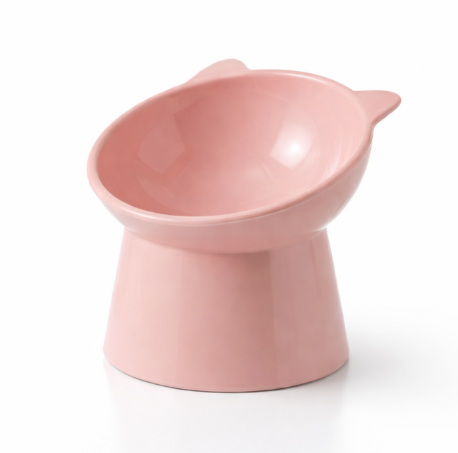 EIRAFUR 伊羅琺 高腳貓碗 寵物護頸碗 傾斜寬口設計 貓耳造型, 粉橘色, 1個
