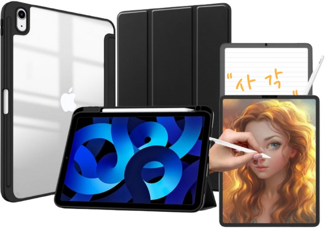 NUBASE 아이패드 애플펜슬 수납 소프트 앤 클리어 커버 케이스 종이질감 액정보호필름, 01. 러버블랙, 1개