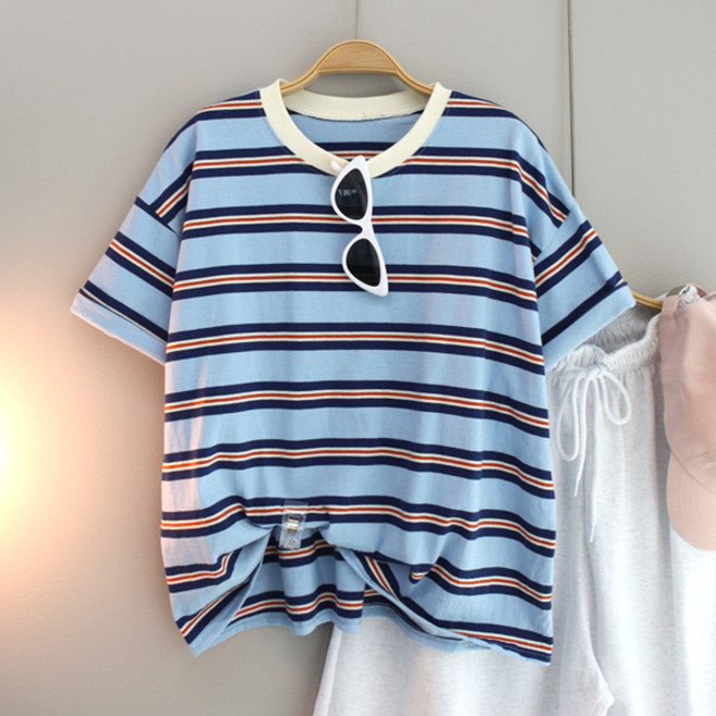 달콩 여성 빅사이즈 캐주얼 오버핏 여름반팔 케일단가라박스반팔티