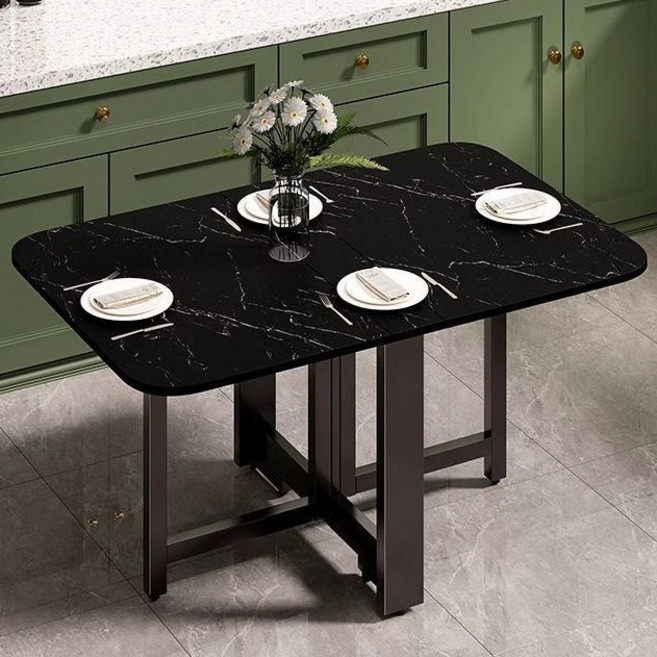 오아루 접이식 확장형 주방 식탁 테이블, 2인용, 마블 블랙+블랙 프레임