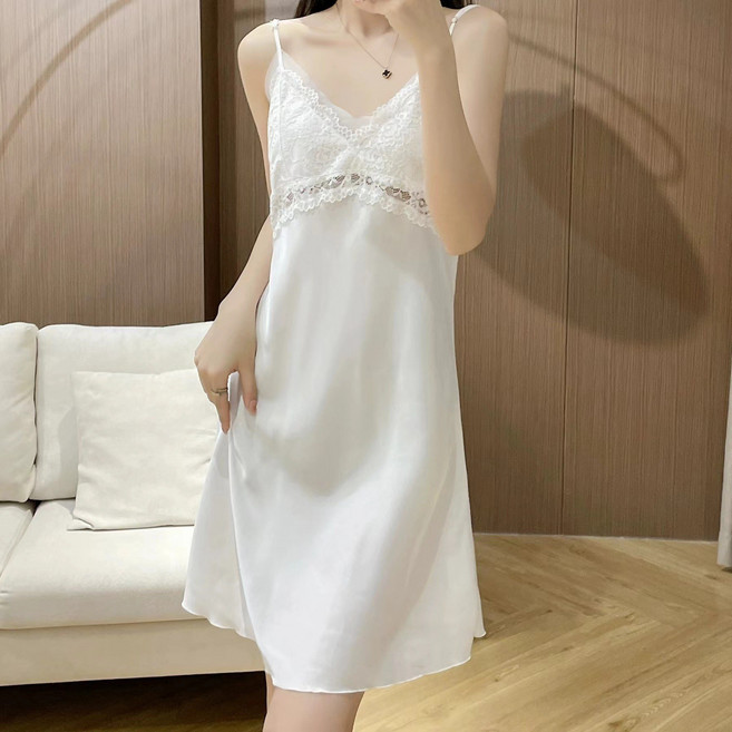 여성용 서머실크 러프넥 슬립 잠옷