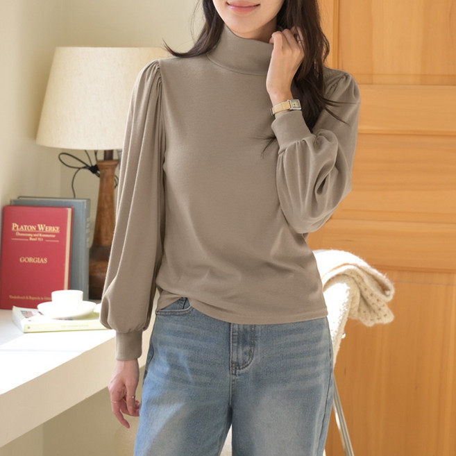 오브린 여성 셔링 퍼프 소매 반폴라 티셔츠 레이어드 긴팔 겨울 목티