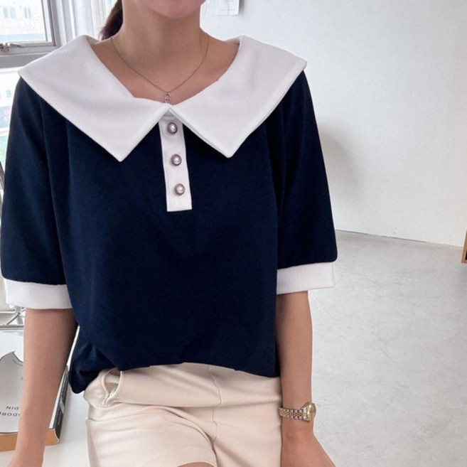 여자 여름 박시티 진주버튼 배색 세라카라 큰 티셔츠