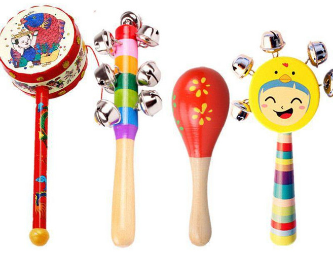 嬰兒手搖鈴玩具撥浪鼓益智早教3-6-12寶寶0一1歲幼兒新生兒男女孩, 1個, 4件全(鼓+搖鈴+小錘+娃娃鈴)