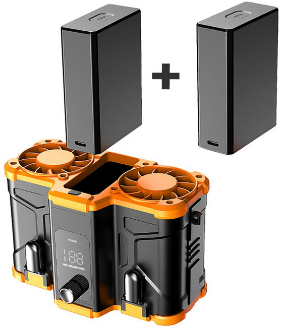 RYNOVEX 업그레이드 버전 초강력 배터리 교체가능 허리걸이 선풍기 150단 무단 광풍 1초 급속냉각 저소음 강력바람 쌍 선풍기 손풍기 골프 캠핑, (오렌지)선풍기+[배터리x1]