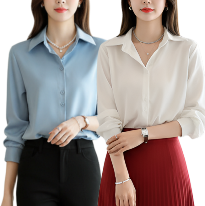 아르올 봄 여성 카라넥 셔츠 루즈핏 투버튼 링클프리 남방 2종 세트