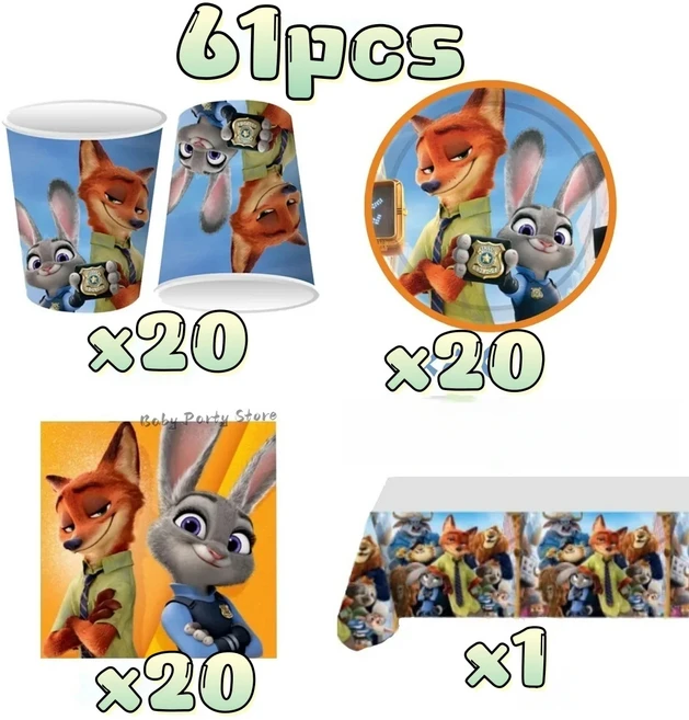 주토피아 2 테마 파티 장식 접시 테이블보 케이크 토퍼 배너 컵 생일 크리스마스 어린이 용품, 24 61pcs
