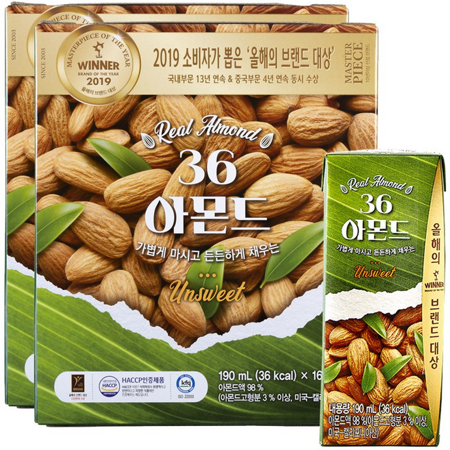 삼육식품 36 아몬드 언스위트, 190ml, 32개