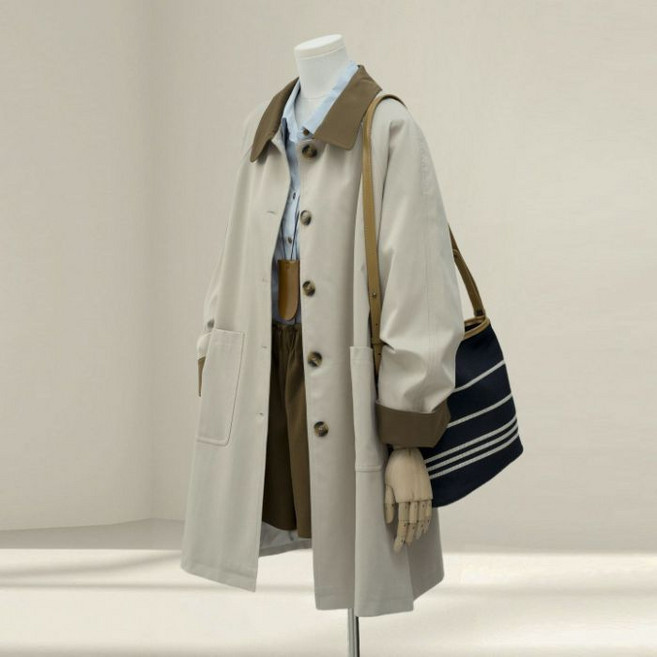 【鬆弛顯瘦】卡其風衣 女裝風衣 中長款風衣 日系風衣 巴恩風衣 秋裝外套 撞色翻領設計 垂感面料 通勤休閒百搭