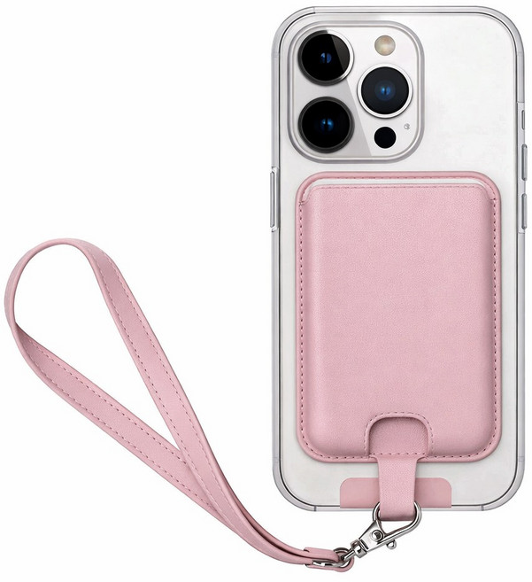 그리드 아이폰 갤럭시 추락방지 가죽 스트랩 맥세이프 2장 수납 카드지갑 케이스, 1개, 핑크