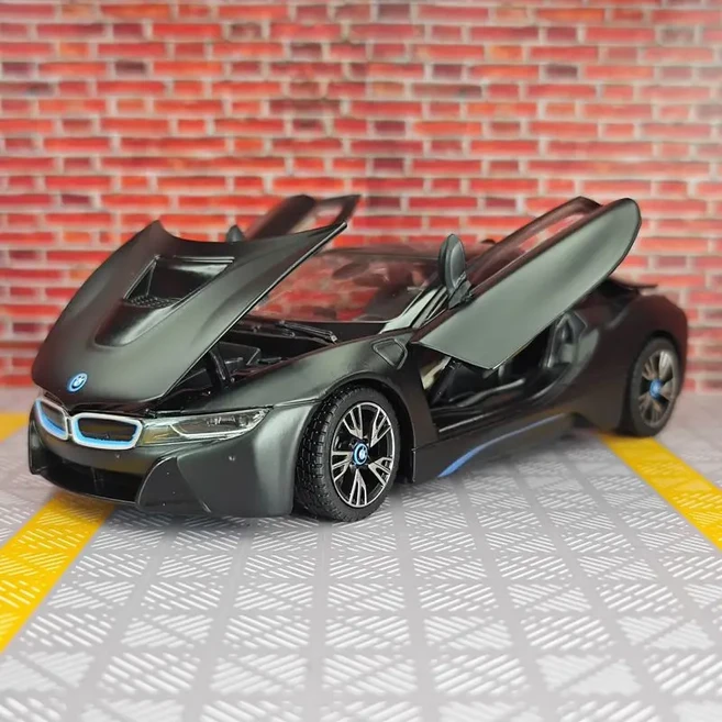 Rastar 1:24 BMW I8 합금 자동차 모델 정적 조향 개방형 장 장난감 생일 선물, 01 China Mainland, 03 검정색