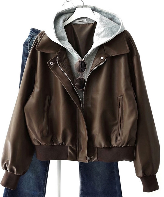 메리앤유 후드 레이어드 페이크 레더 라이더 점퍼 자켓 간절기 아우터
